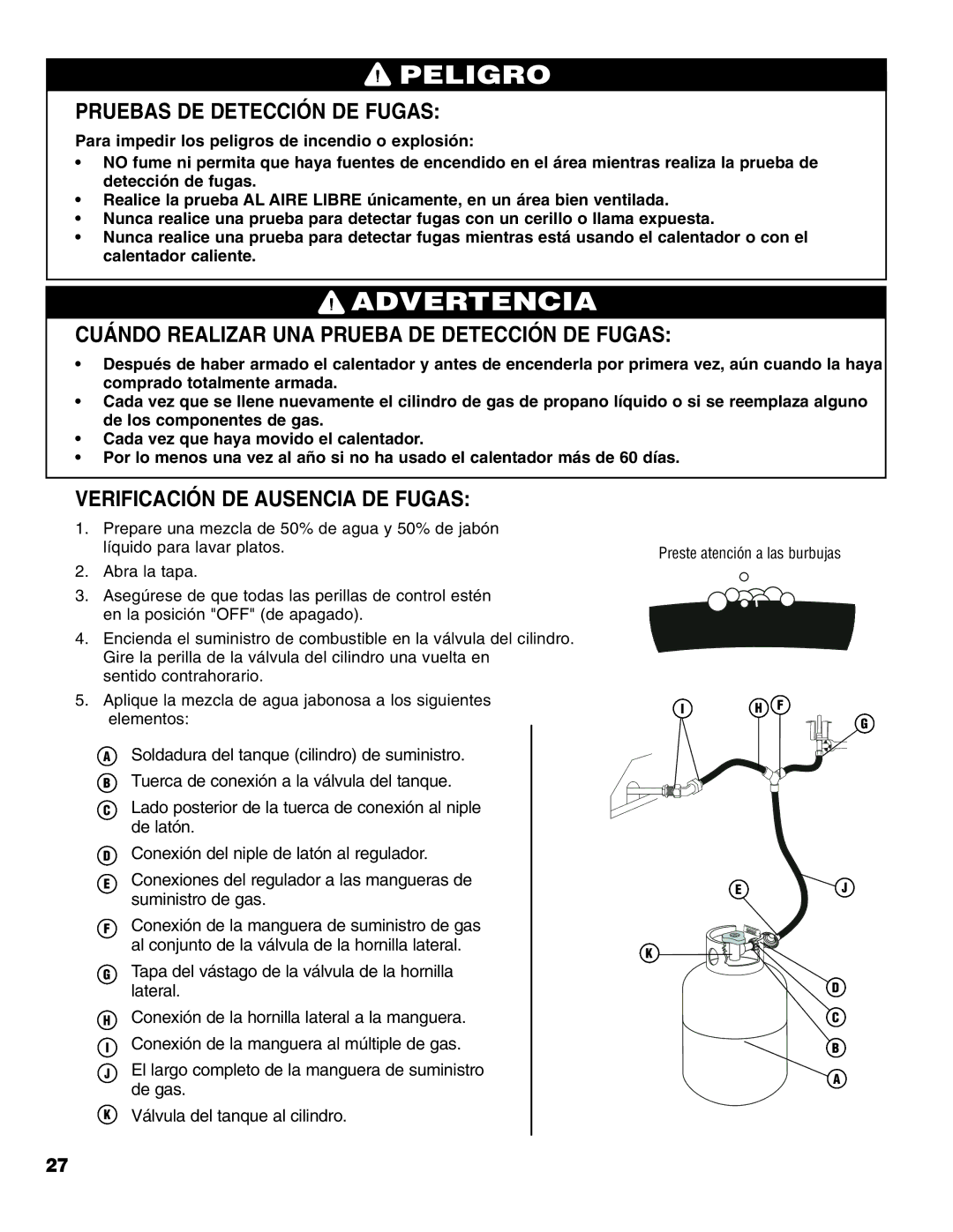 Brinkmann Gas FirePit owner manual Pruebas DE Detección DE Fugas, Cuándo Realizar UNA Prueba DE Detección DE Fugas 