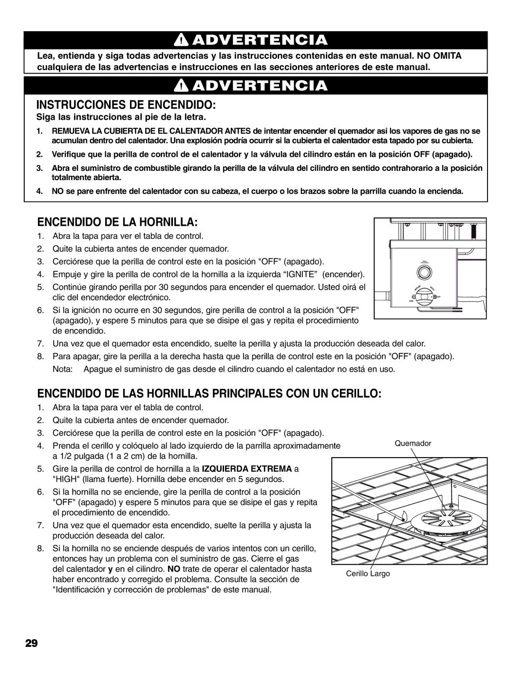 Brinkmann Gas FirePit owner manual Instrucciones DE Encendido, Encendido DE LA Hornilla 