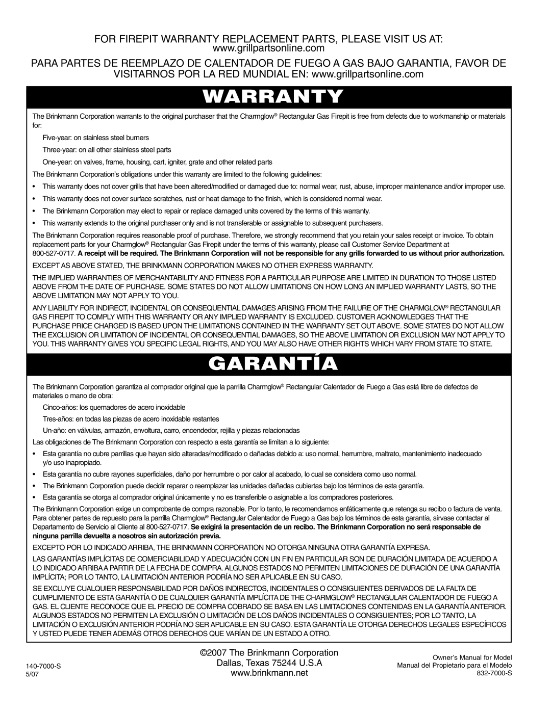 Brinkmann Gas FirePit owner manual Warranty 