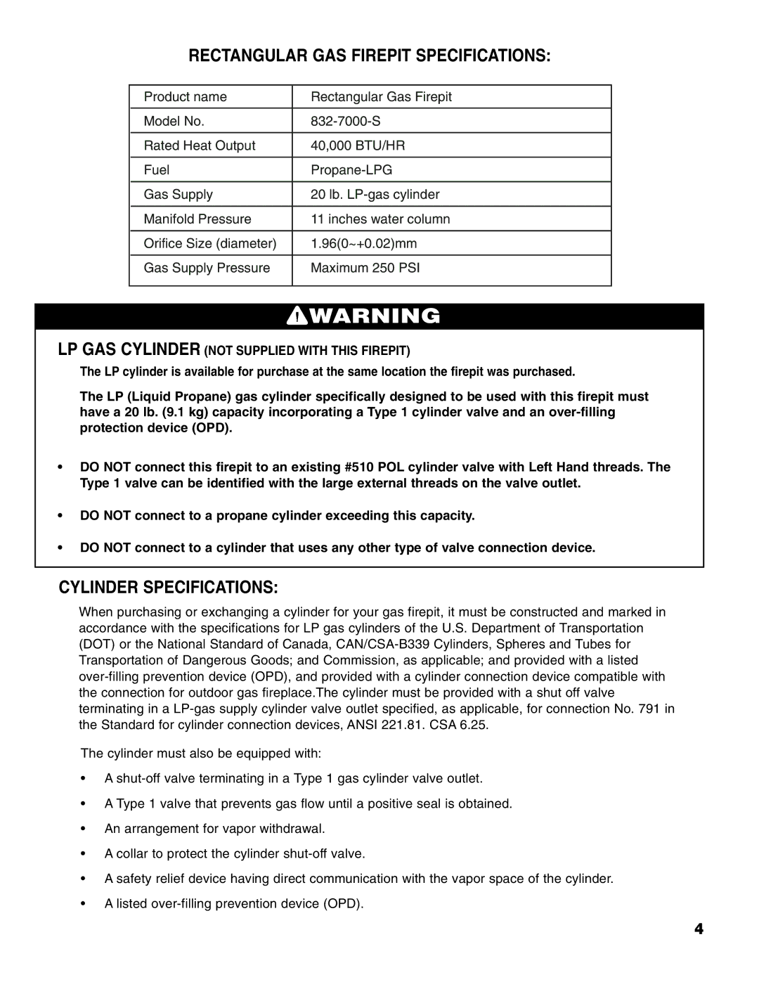 Brinkmann Gas FirePit owner manual Rectangular GAS Firepit Specifications, Cylinder Specifications 