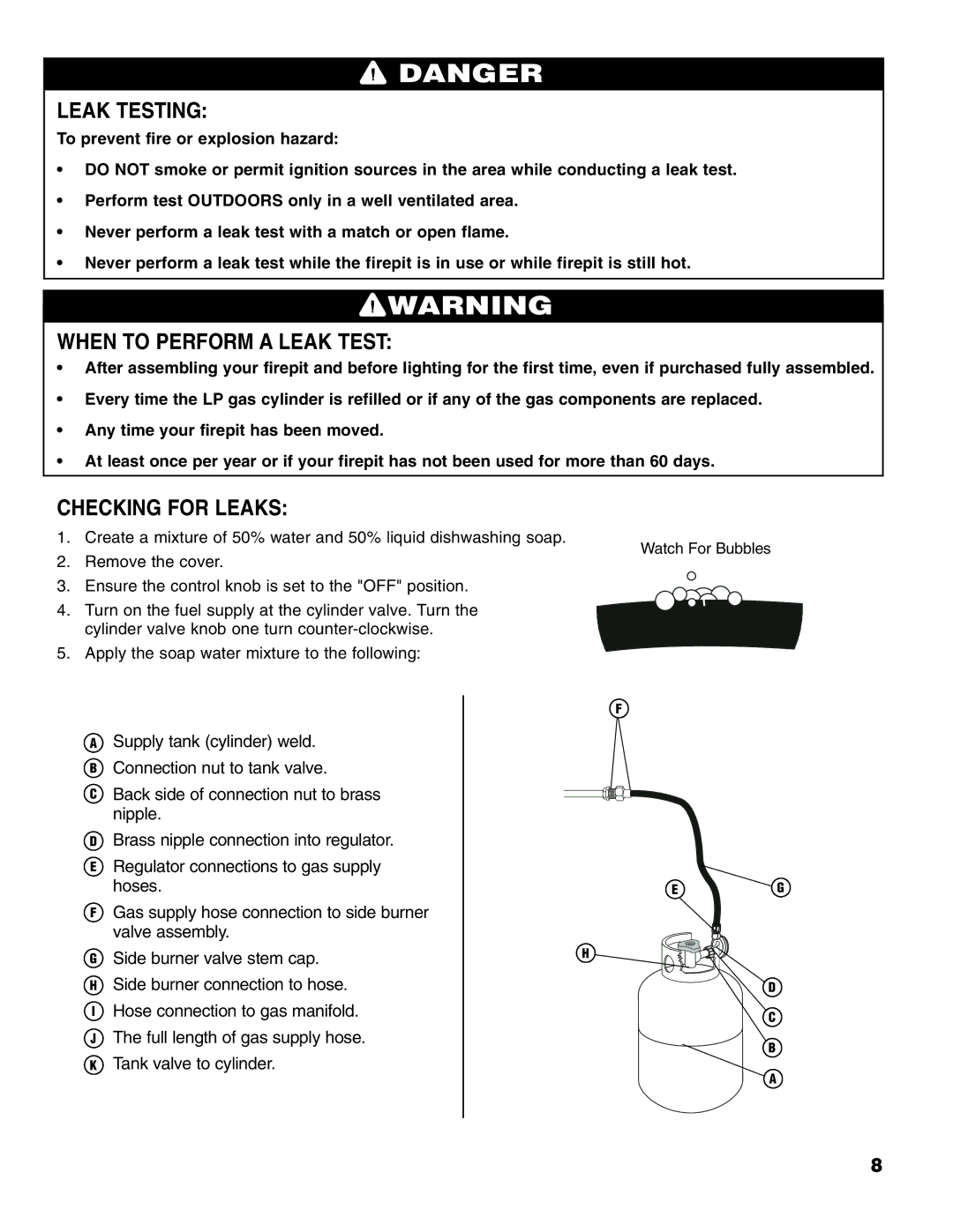 Brinkmann Gas FirePit owner manual Leak Testing, When to Perform a Leak Test, Checking for Leaks 