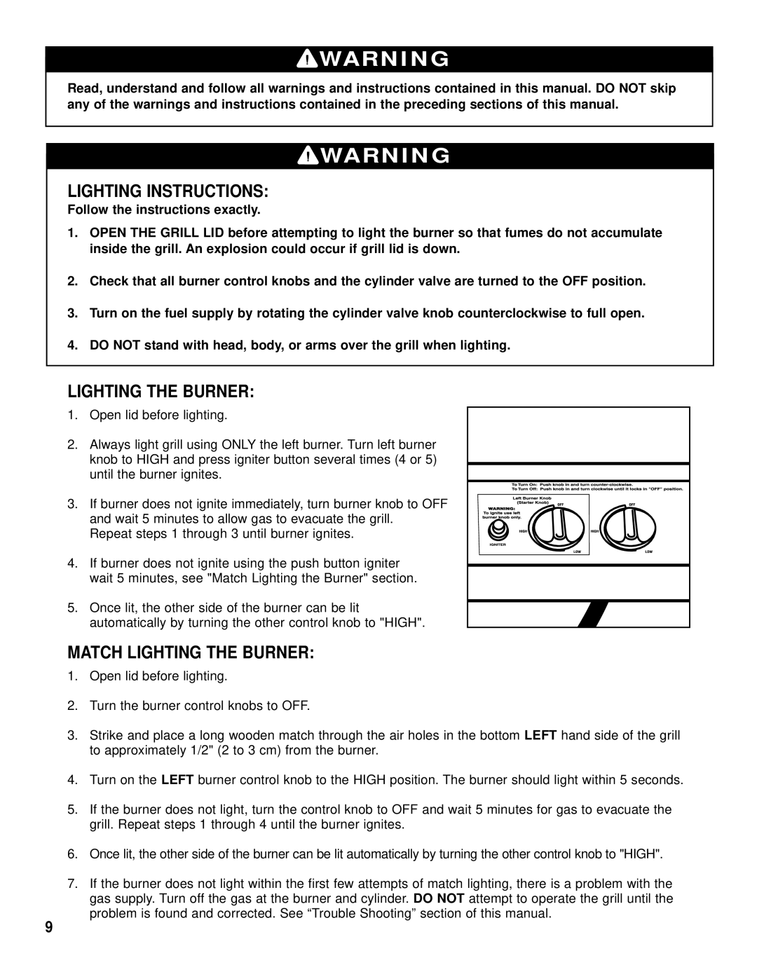 Brinkmann Gas Grill King owner manual Lighting Instructions, Match Lighting the Burner 