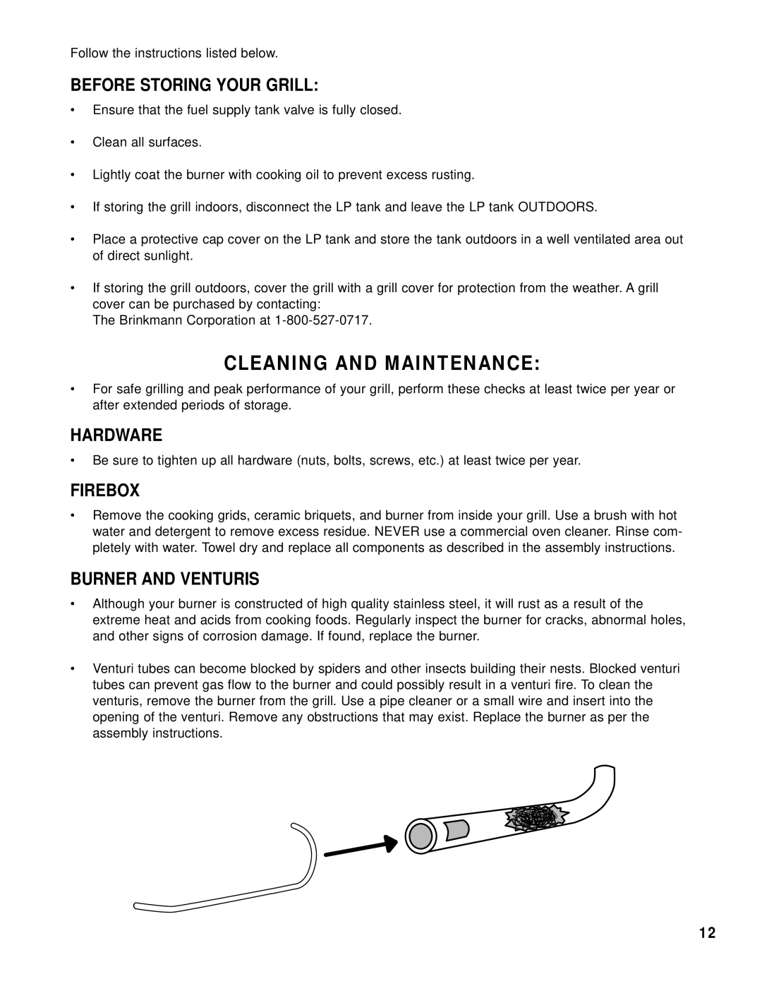 Brinkmann Gas Grill King owner manual Before Storing Your Grill, Hardware, Firebox, Burner and Venturis 