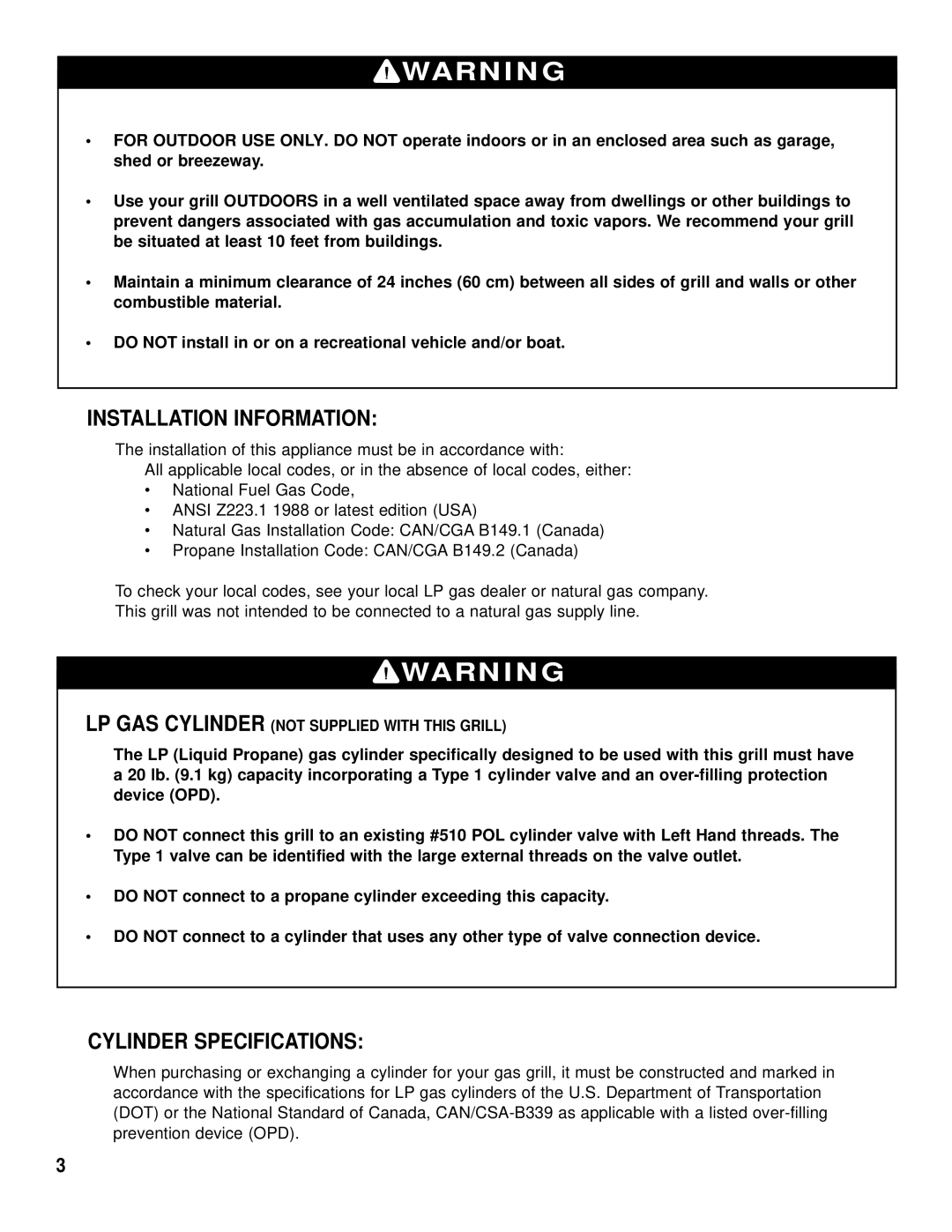 Brinkmann Gas Grill King owner manual Installation Information, Cylinder Specifications 