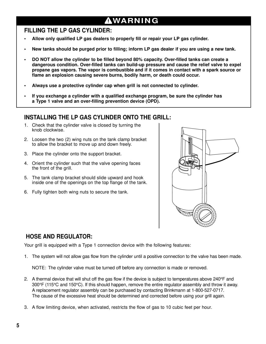 Brinkmann Gas Grill King Filling the LP GAS Cylinder, Installing the LP GAS Cylinder Onto the Grill, Hose and Regulator 