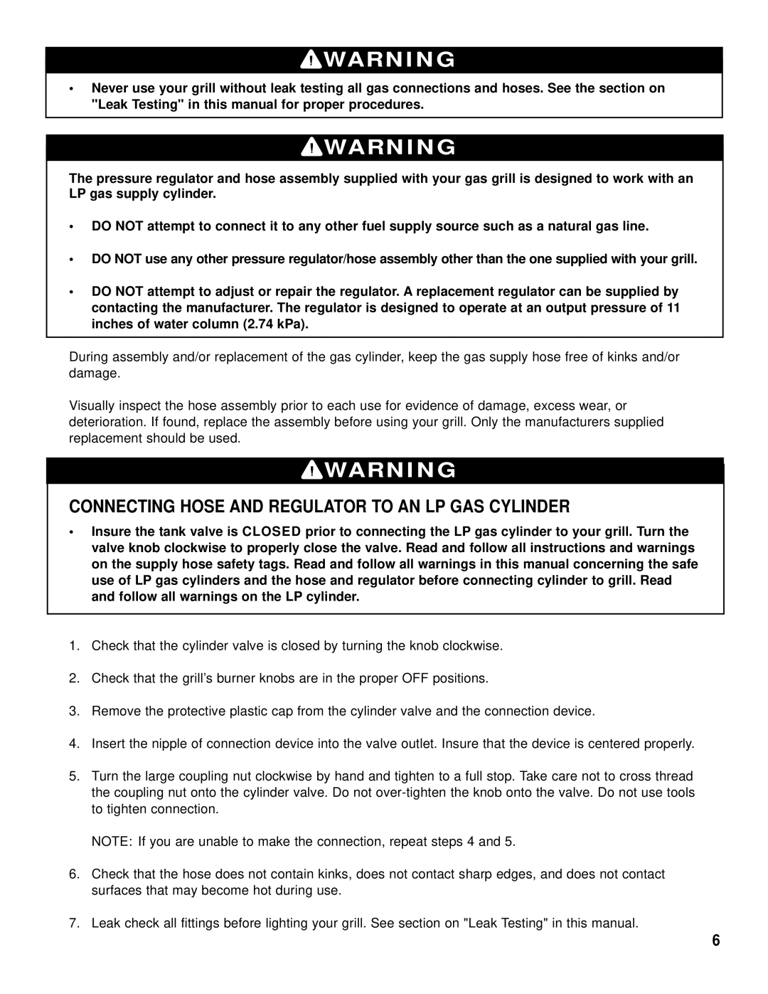 Brinkmann Gas Grill King owner manual Connecting Hose and Regulator to AN LP GAS Cylinder 