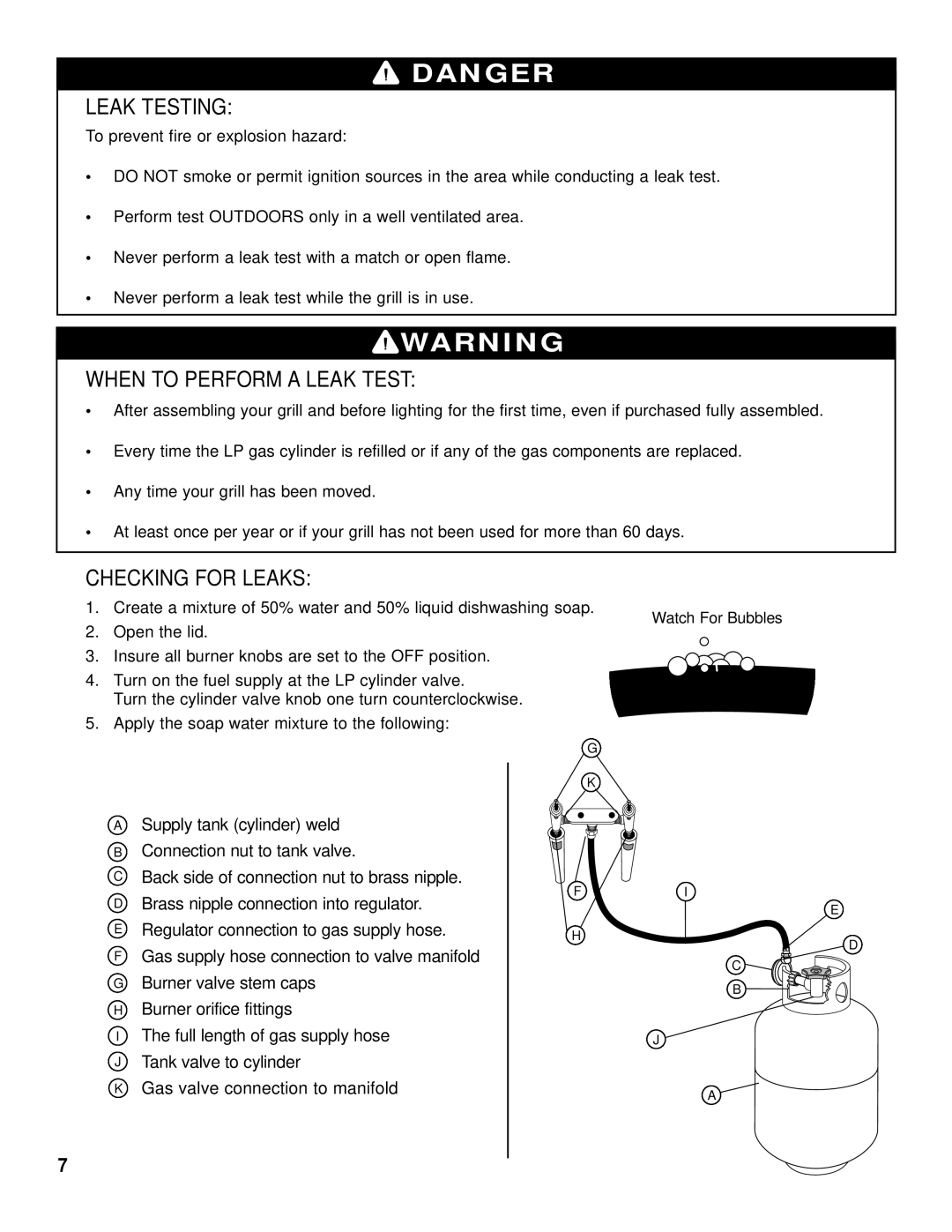 Brinkmann Gas Grill King owner manual Leak Testing, When to Perform a Leak Test, Checking for Leaks 