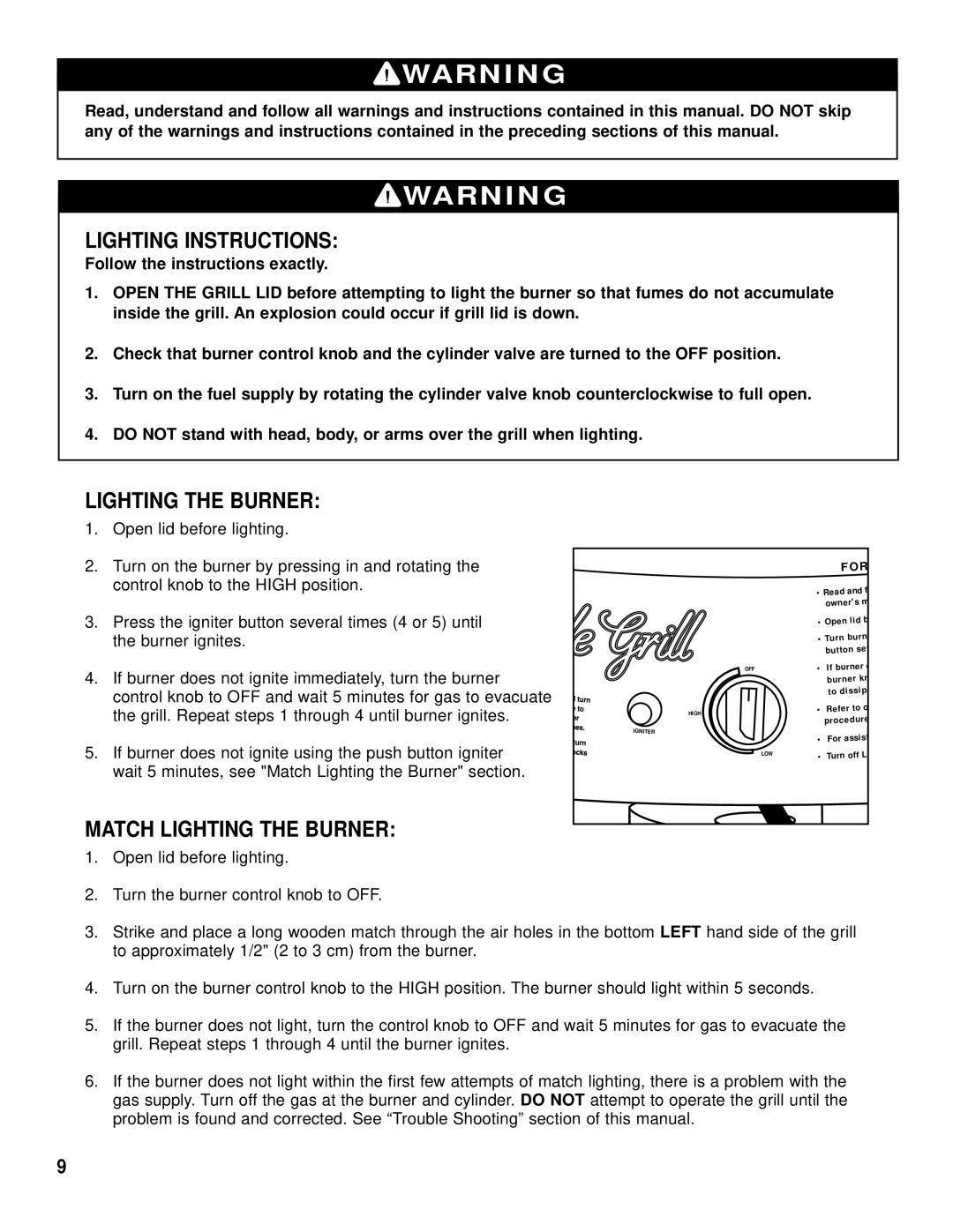 Brinkmann Gas Kettle Grill owner manual Lighting Instructions, Match Lighting the Burner 