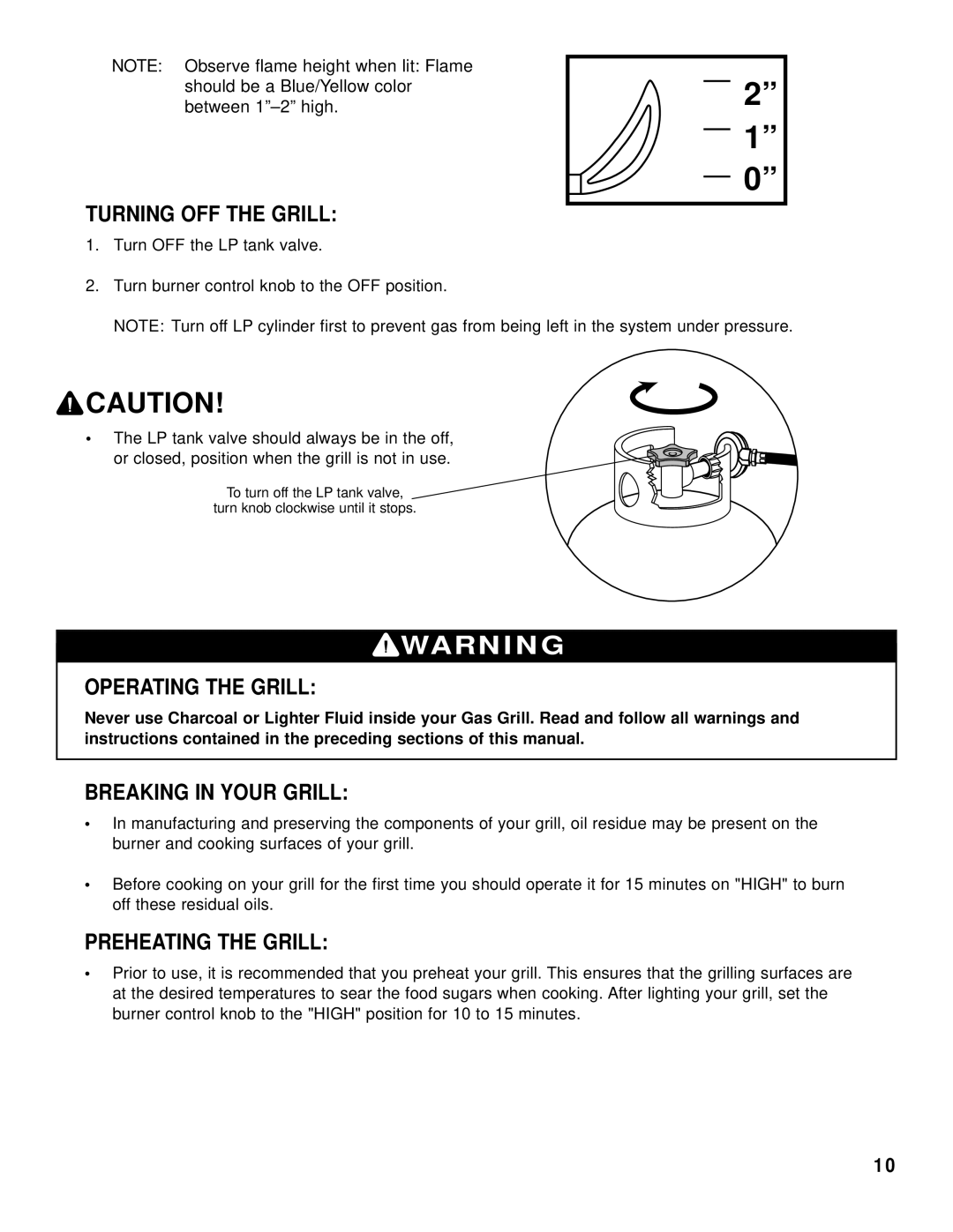 Brinkmann Gas Kettle Grill Turning OFF the Grill, Operating the Grill, Breaking in Your Grill, Preheating the Grill 