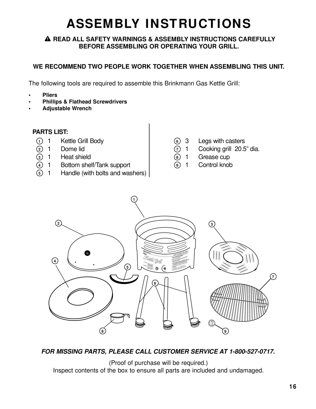 Brinkmann Gas Kettle Grill owner manual Assembly Instructions 