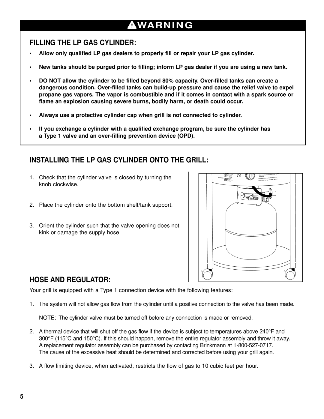 Brinkmann Gas Kettle Grill Filling the LP GAS Cylinder, Installing the LP GAS Cylinder Onto the Grill, Hose and Regulator 