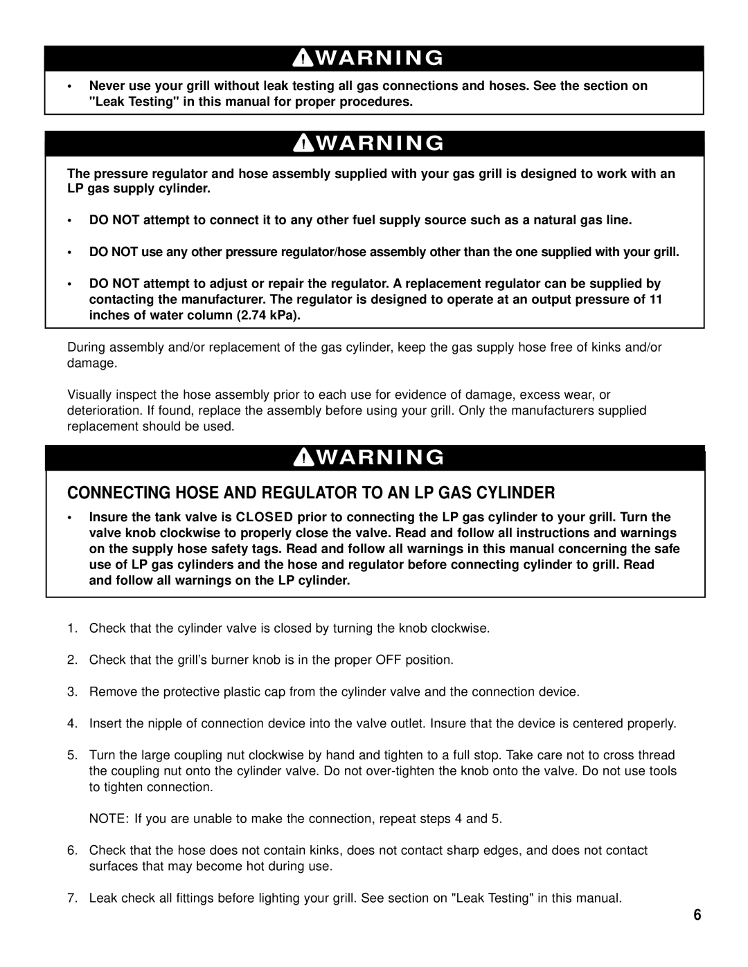 Brinkmann Gas Kettle Grill owner manual Connecting Hose and Regulator to AN LP GAS Cylinder 