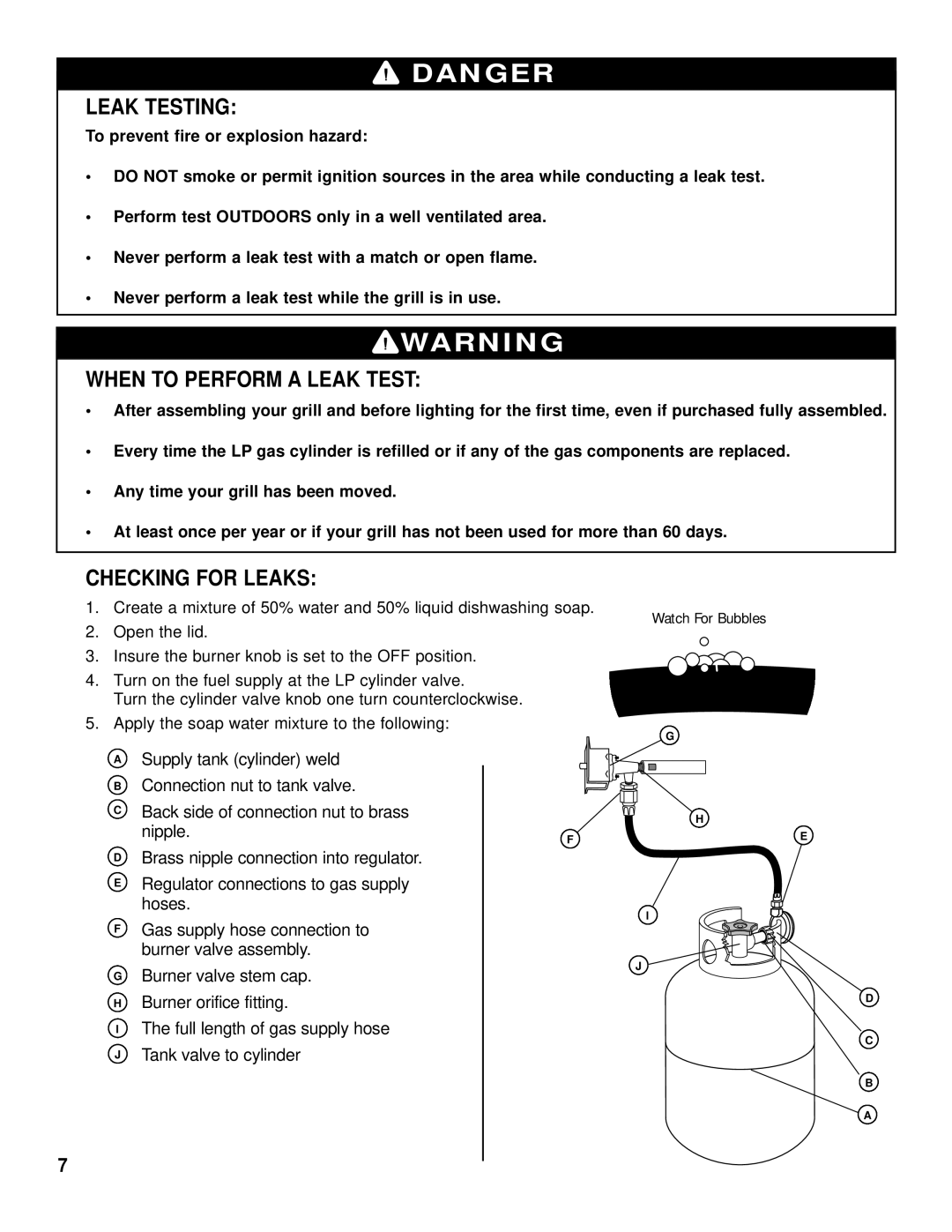 Brinkmann Gas Kettle Grill owner manual Leak Testing, When to Perform a Leak Test, Checking for Leaks 