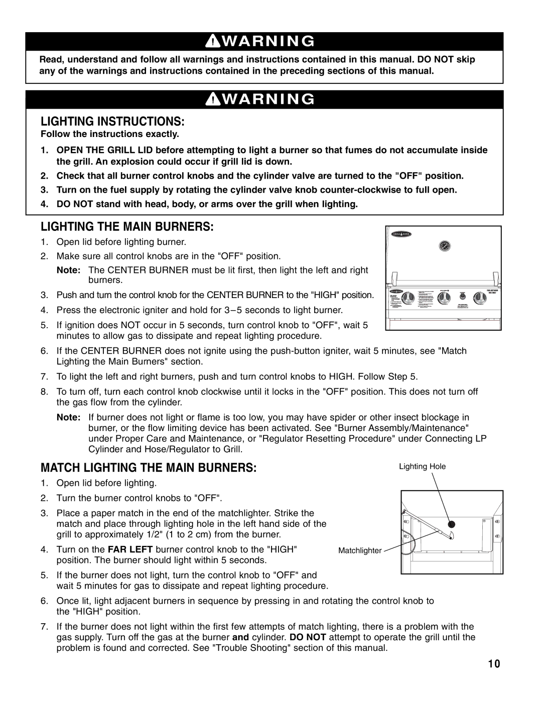 Brinkmann Gas Outdoor Grill owner manual Lighting Instructions, Match Lighting the Main Burners 