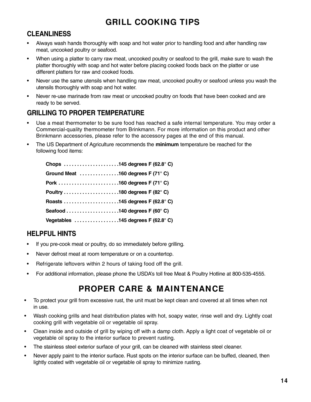 Brinkmann Gas Outdoor Grill owner manual Cleanliness, Grilling to Proper Temperature, Helpful Hints 