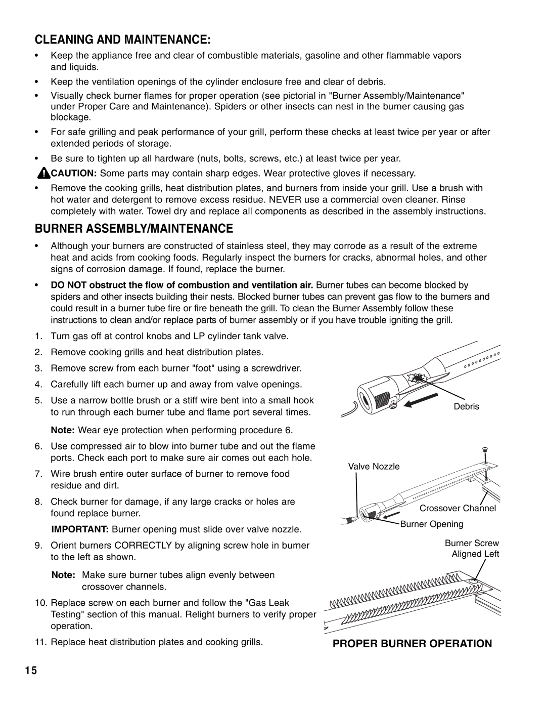 Brinkmann Gas Outdoor Grill owner manual Cleaning and Maintenance, Burner ASSEMBLY/MAINTENANCE 