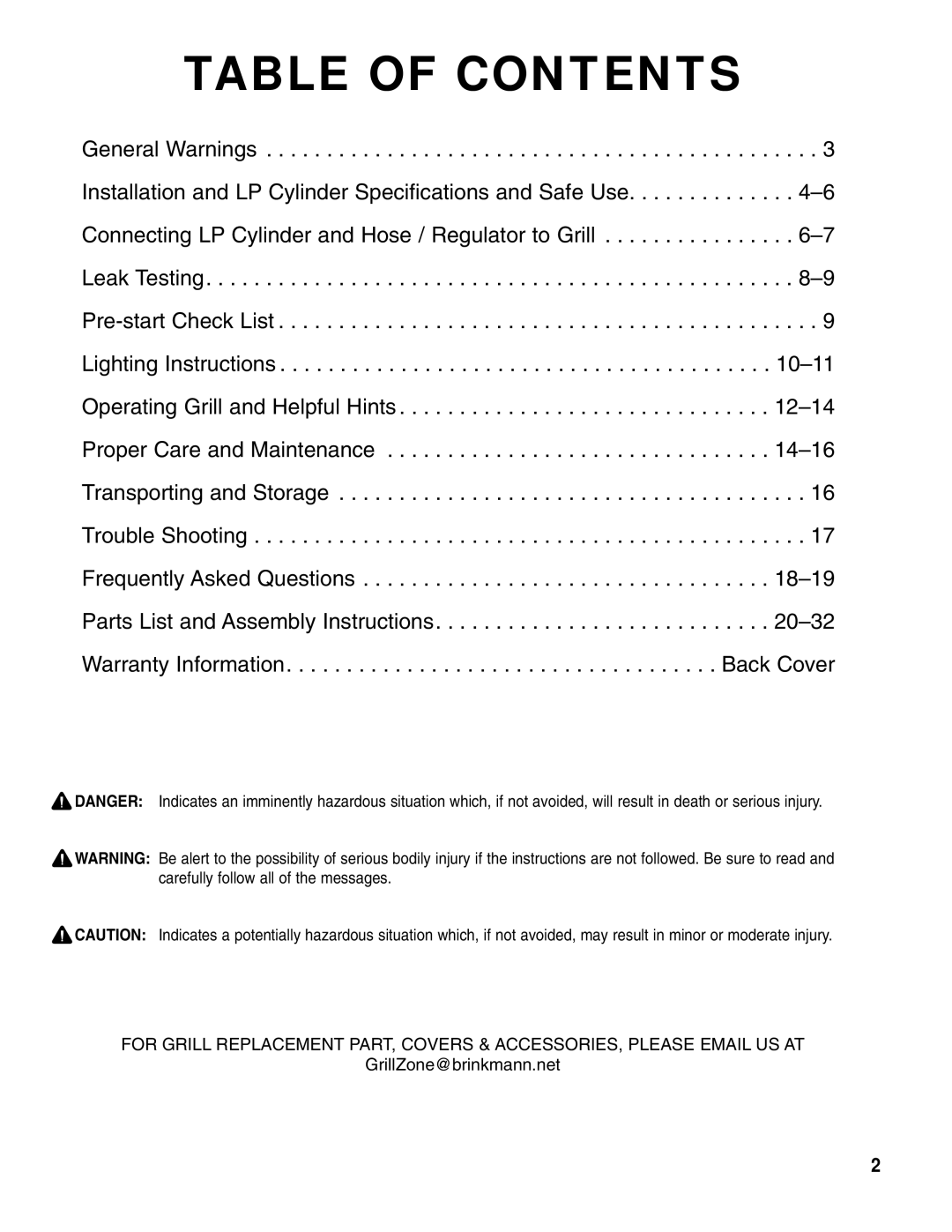 Brinkmann Gas Outdoor Grill owner manual Table of Contents 