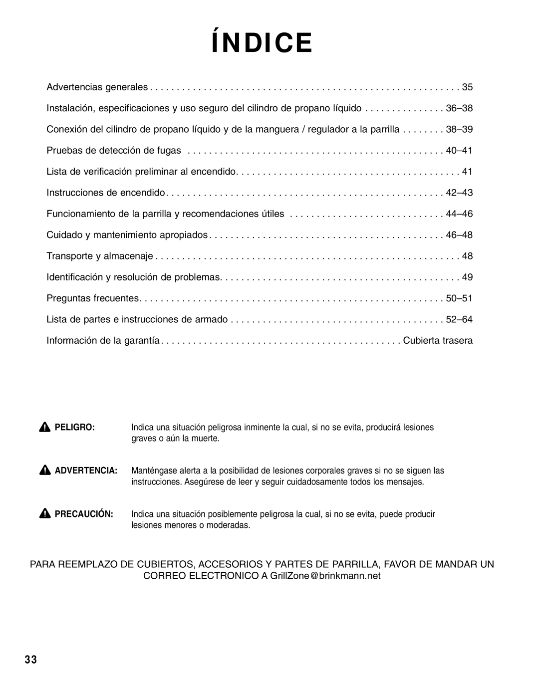 Brinkmann Gas Outdoor Grill owner manual Índice 