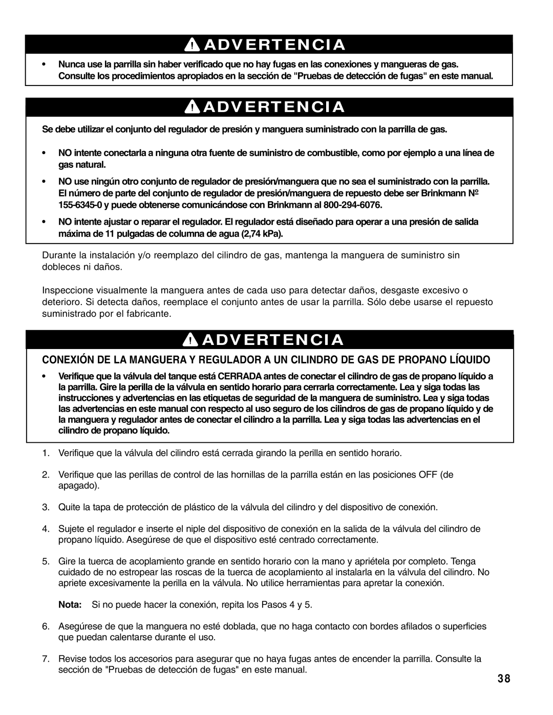 Brinkmann Gas Outdoor Grill owner manual Advertencia 