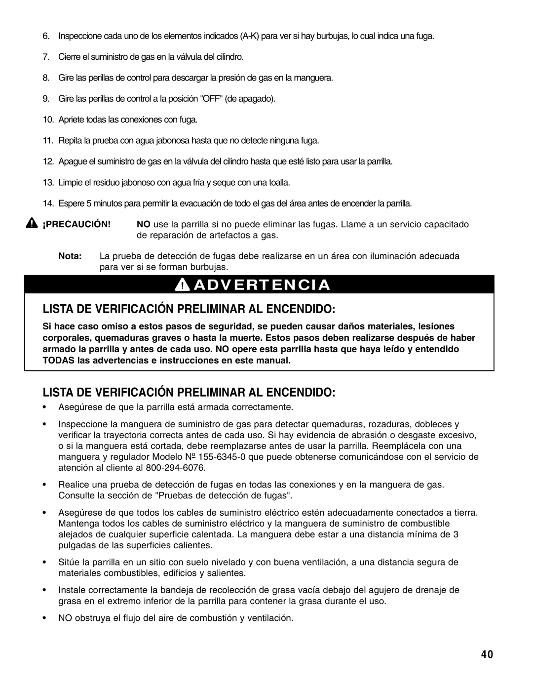 Brinkmann Gas Outdoor Grill owner manual Lista DE Verificación Preliminar AL Encendido, ¡Precaución 