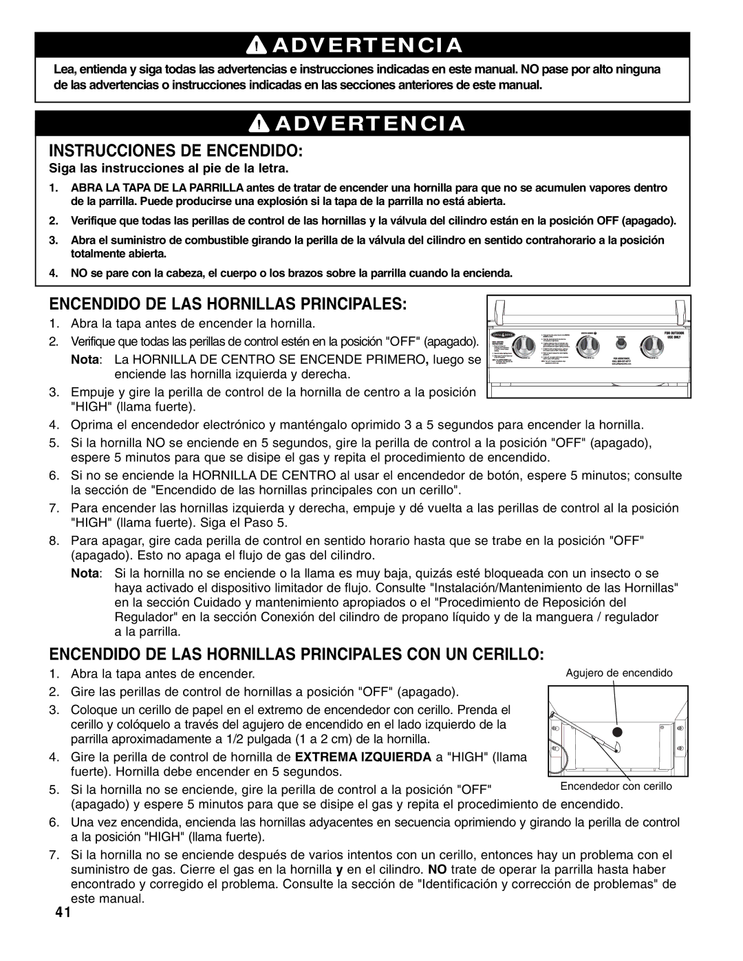 Brinkmann Gas Outdoor Grill owner manual Instrucciones DE Encendido, Encendido DE LAS Hornillas Principales 