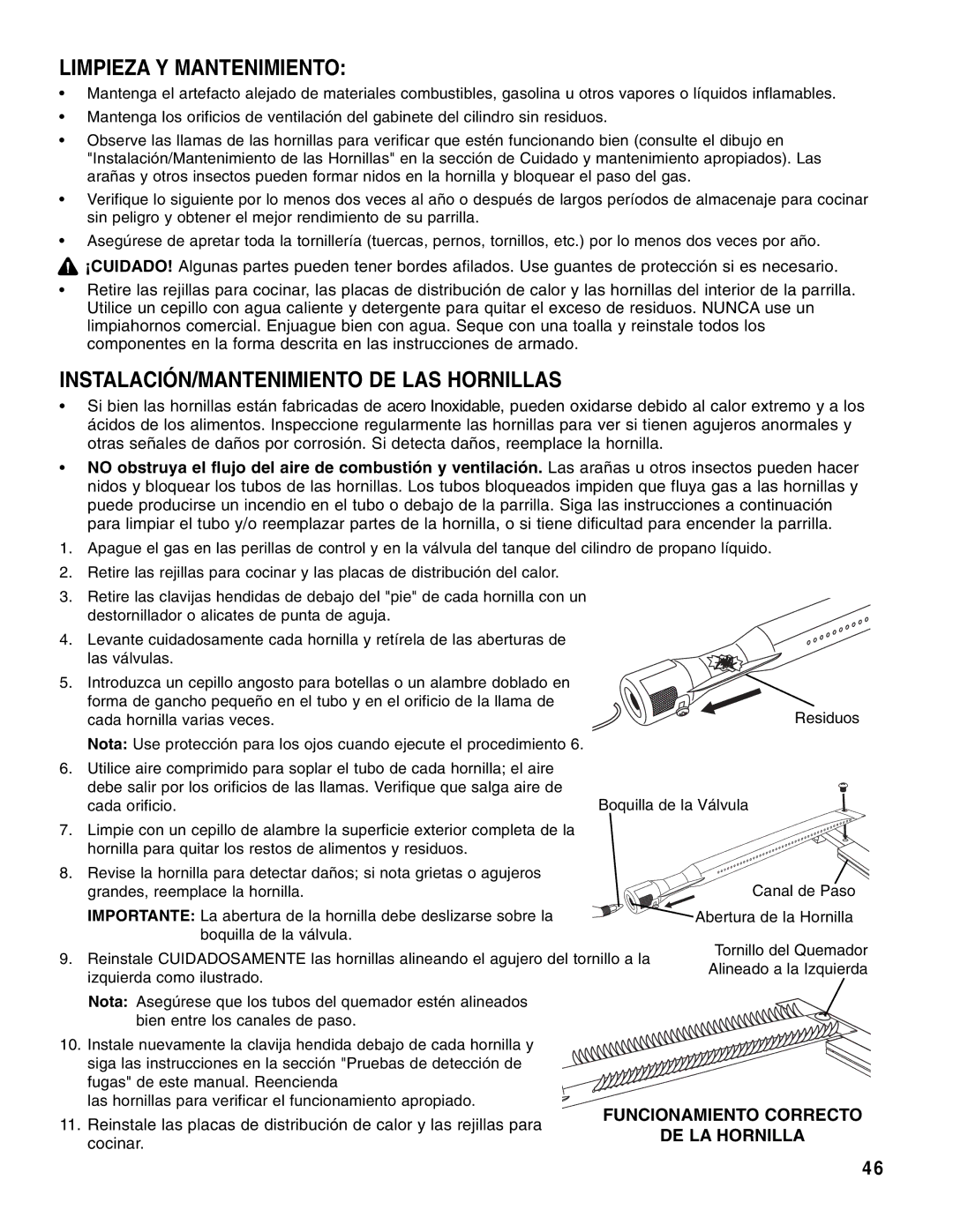 Brinkmann Gas Outdoor Grill owner manual Limpieza Y Mantenimiento, INSTALACIÓN/MANTENIMIENTO DE LAS Hornillas 