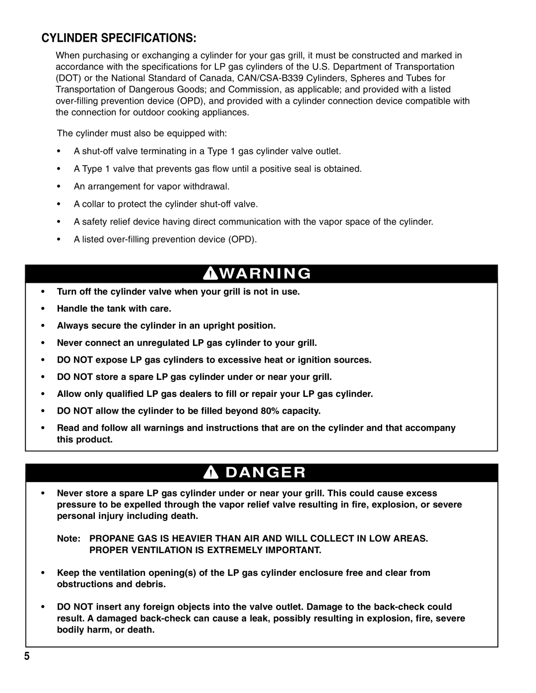 Brinkmann Gas Outdoor Grill owner manual Cylinder Specifications 