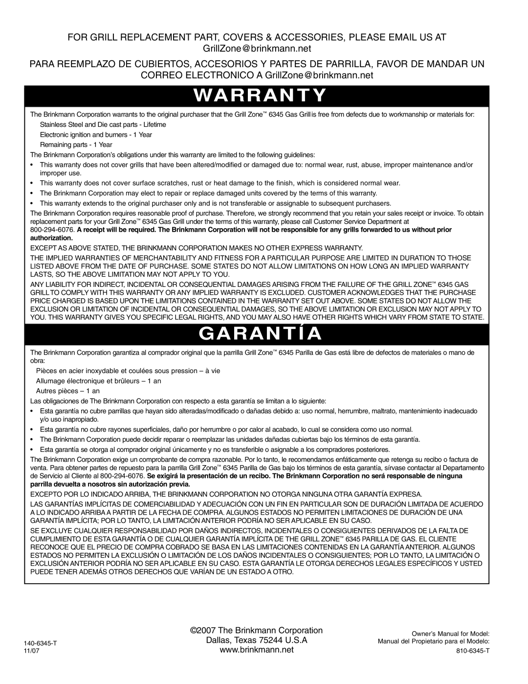 Brinkmann Gas Outdoor Grill owner manual Warranty 