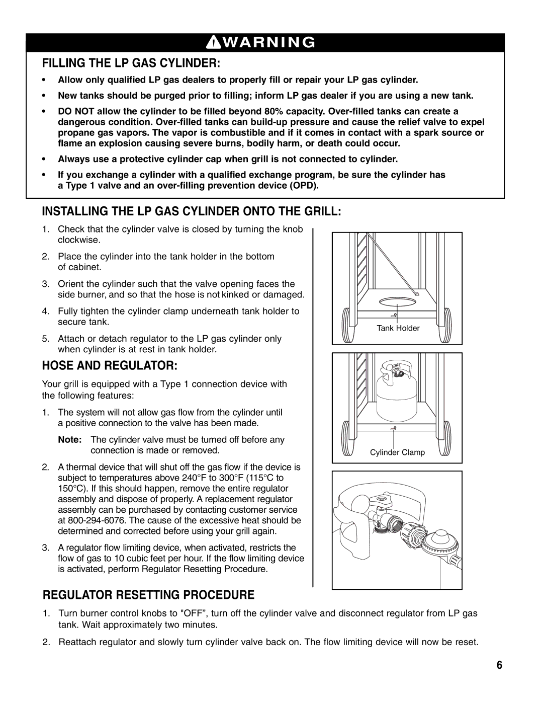 Brinkmann Gas Outdoor Grill Filling the LP GAS Cylinder, Installing the LP GAS Cylinder Onto the Grill, Hose and Regulator 