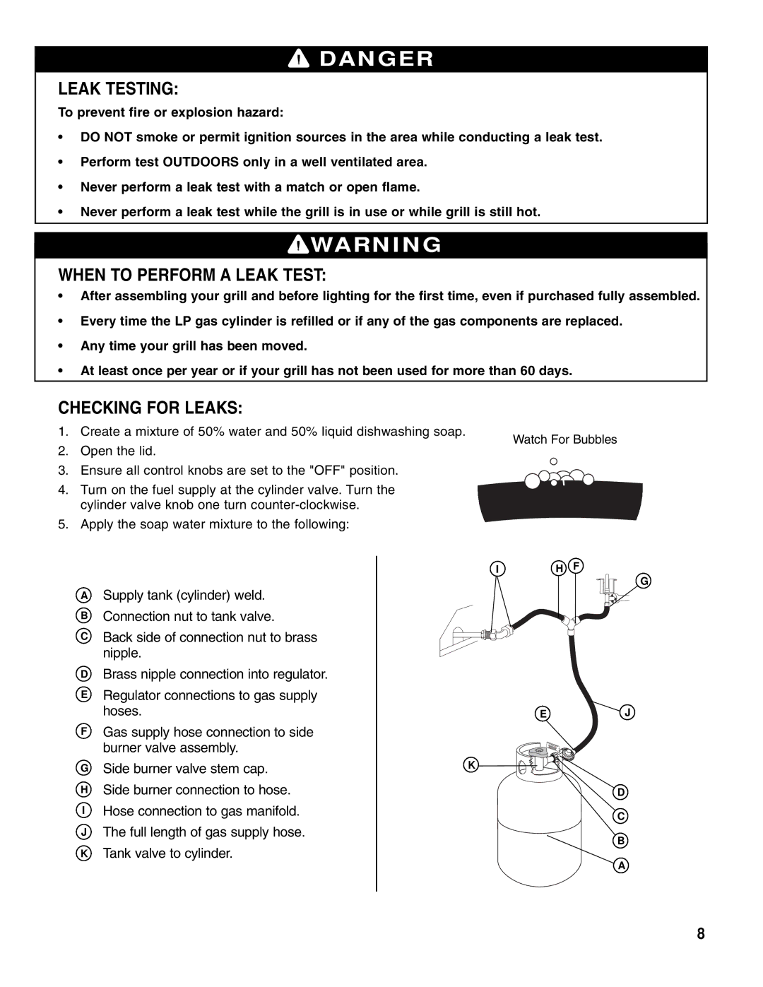 Brinkmann Gas Outdoor Grill owner manual Leak Testing, When to Perform a Leak Test, Checking for Leaks 