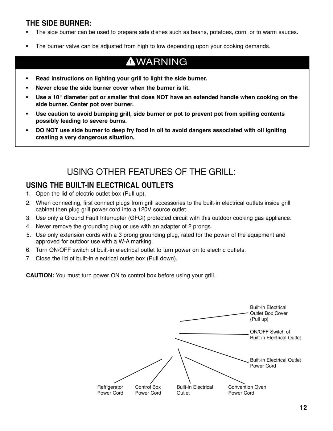 Brinkmann Gourmet 4 owner manual Side Burner, Using the BUILT-IN Electrical Outlets 