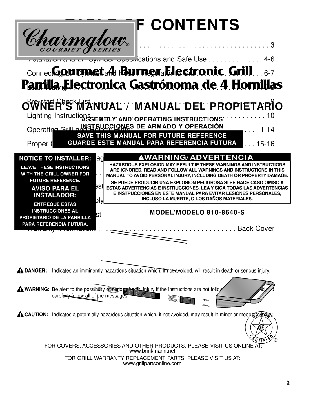 Brinkmann Gourmet 4 owner manual Table of Contents 