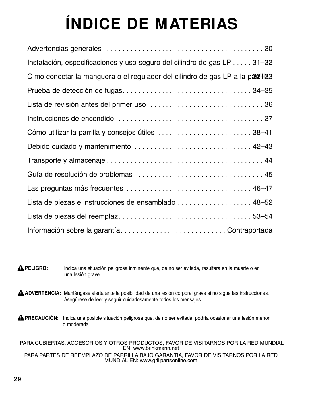 Brinkmann Gourmet 4 owner manual Índice DE Materias 