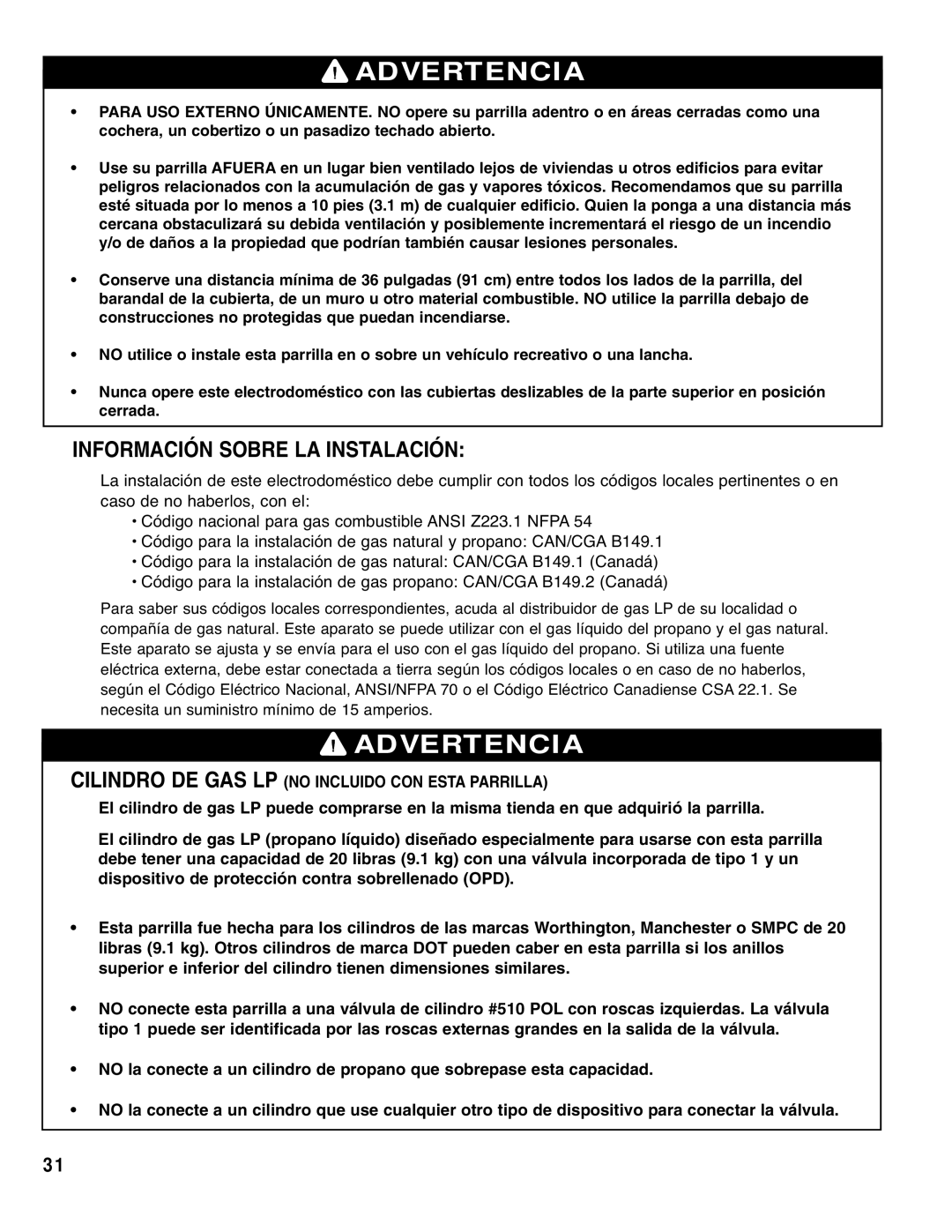 Brinkmann Gourmet 4 owner manual Información Sobre LA Instalación, Cilindro DE GAS LP no Incluido CON Esta Parrilla 