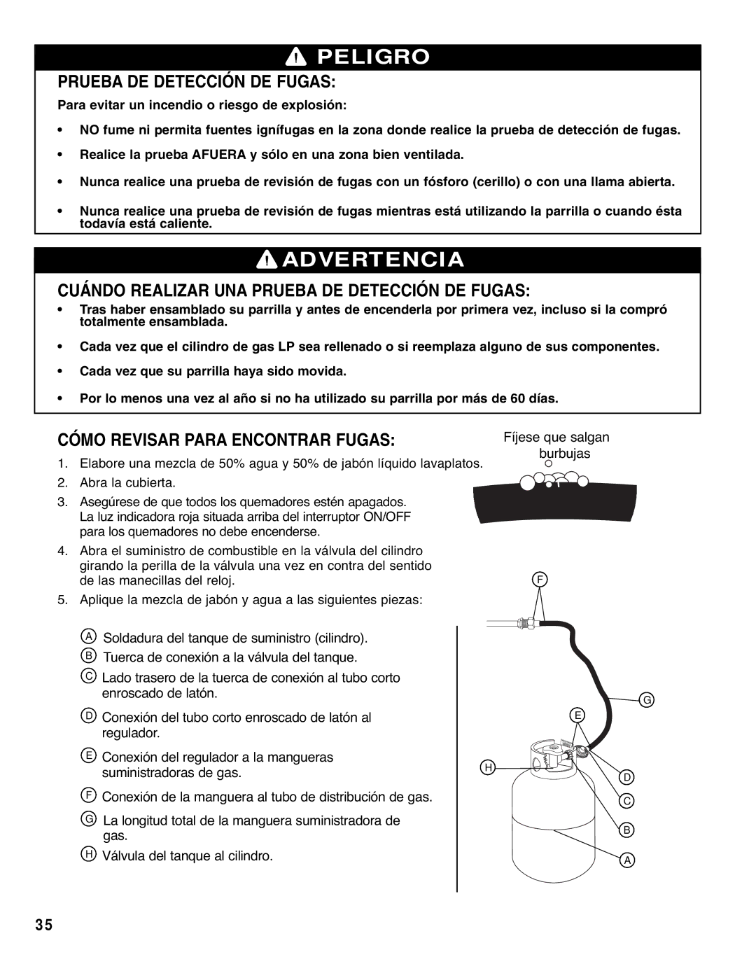 Brinkmann Gourmet 4 owner manual Cuándo Realizar UNA Prueba DE Detección DE Fugas, Cómo Revisar Para Encontrar Fugas 