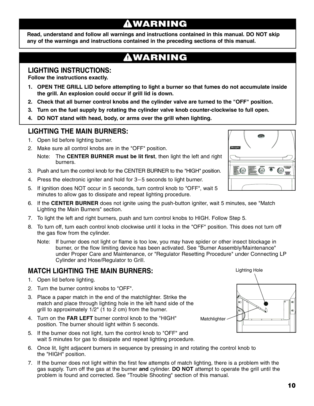 Brinkmann Gourmet Series owner manual Lighting Instructions, Match Lighting the Main Burners 