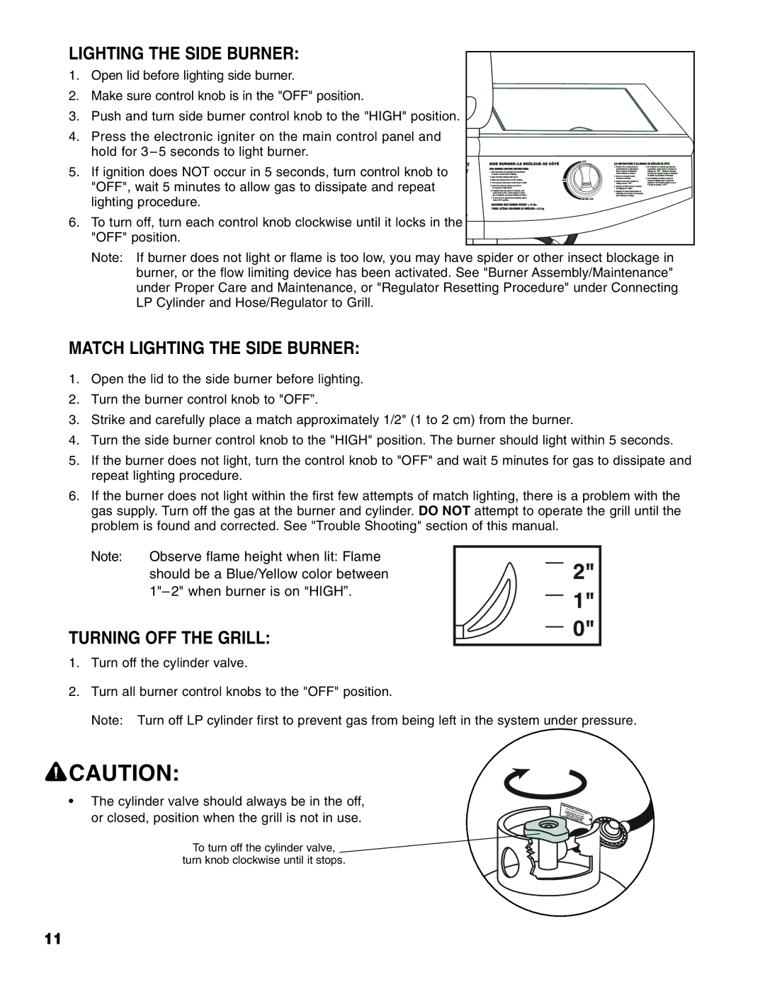 Brinkmann Gourmet Series owner manual Match Lighting the Side Burner, Turning OFF the Grill 