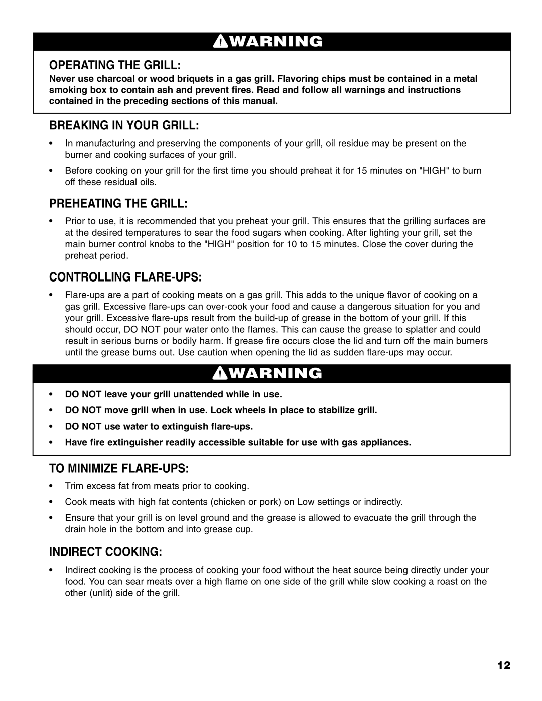 Brinkmann Gourmet Series Operating the Grill, Breaking in Your Grill, Preheating the Grill, Controlling FLARE-UPS 