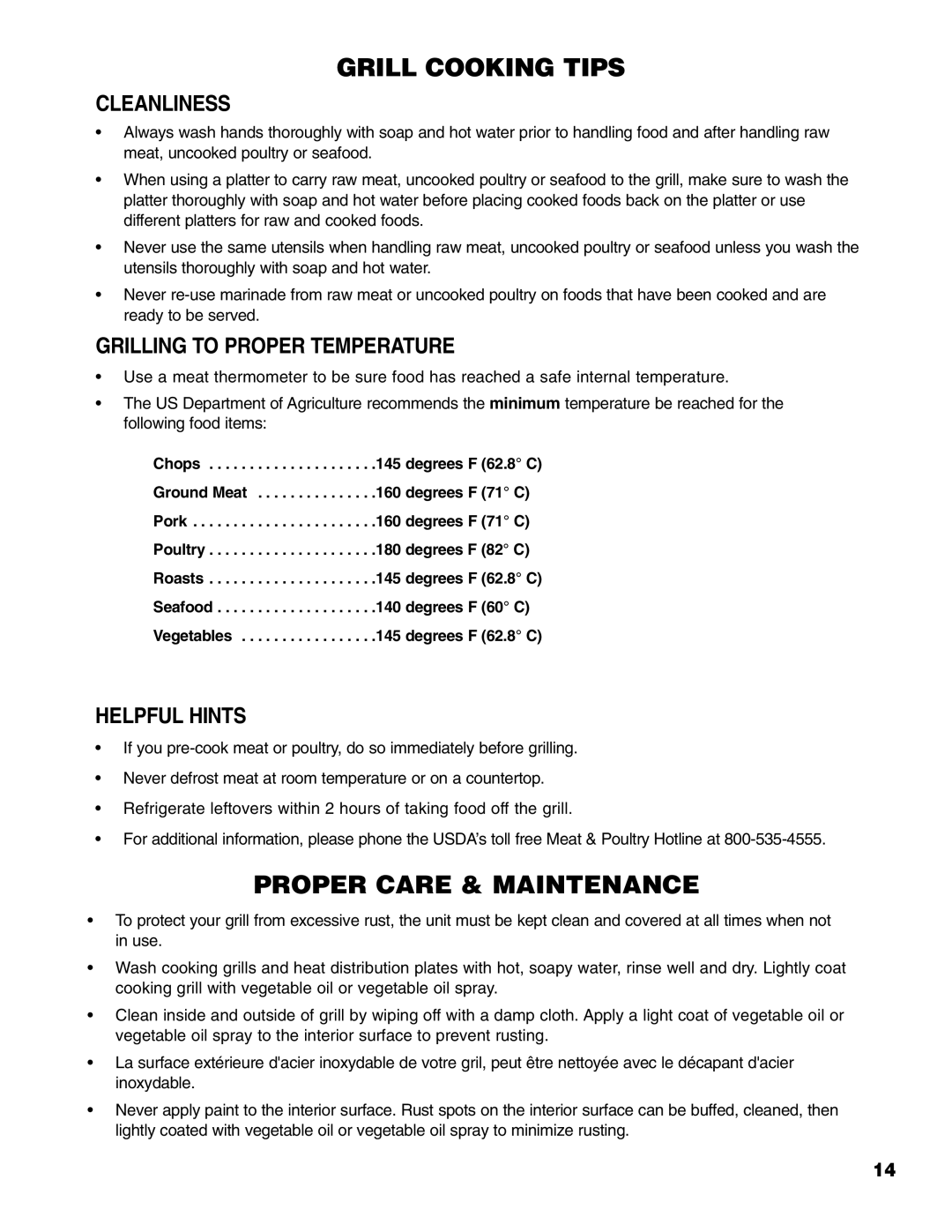 Brinkmann Gourmet Series owner manual Cleanliness, Grilling to Proper Temperature, Helpful Hints 