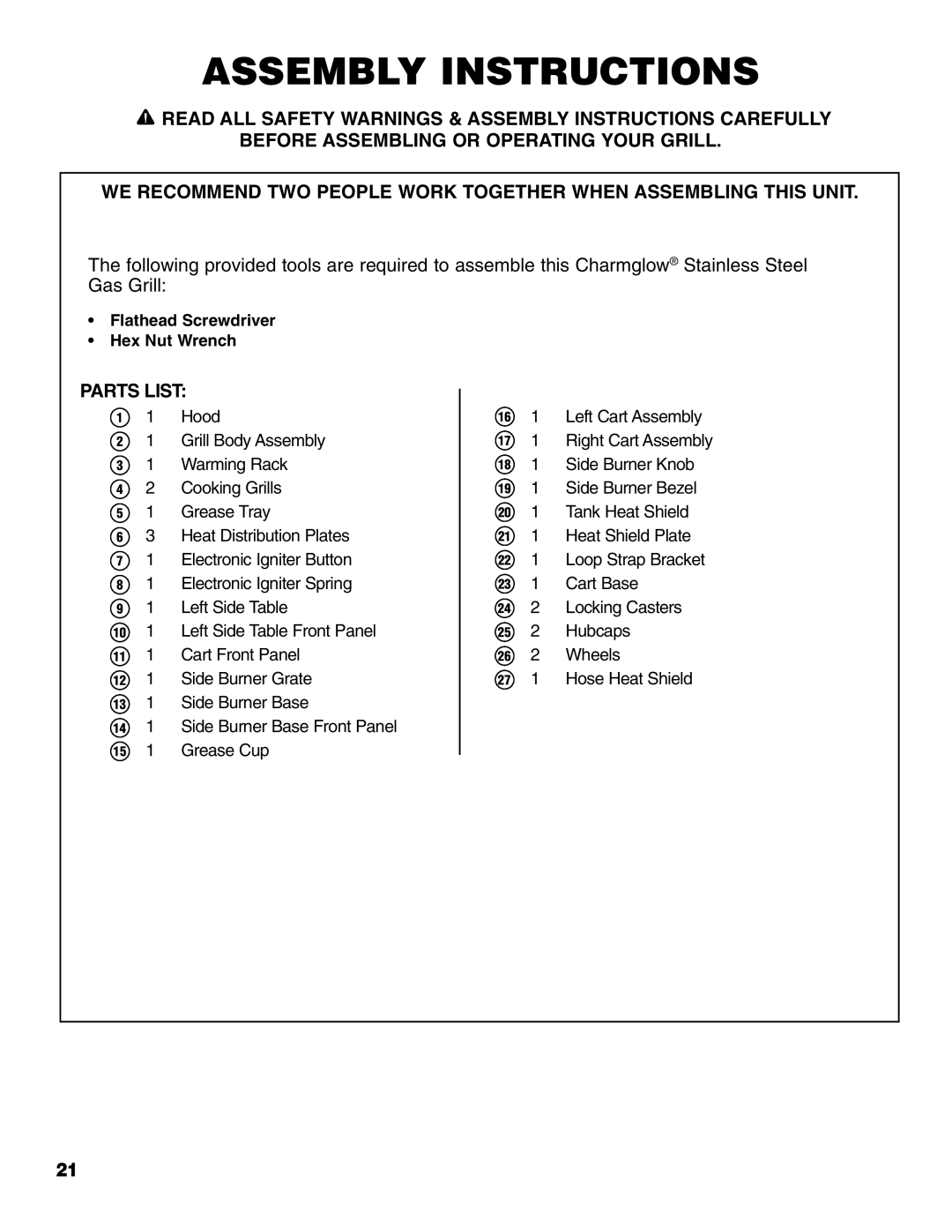 Brinkmann Gourmet Series owner manual Assembly Instructions, Parts List 