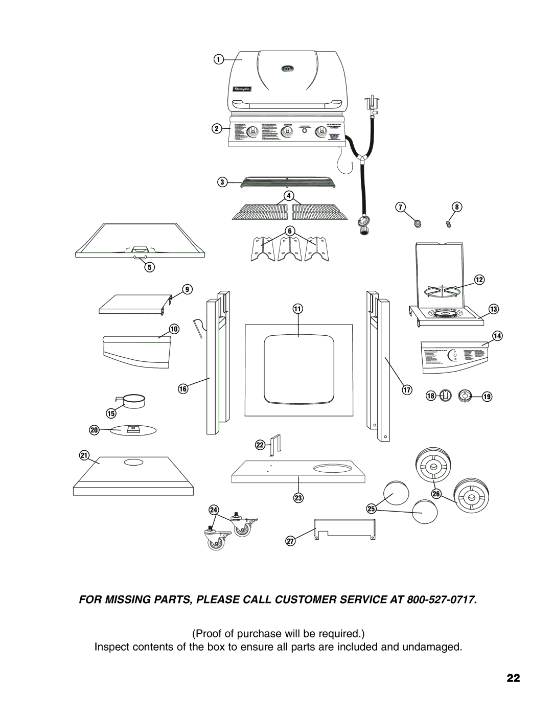 Brinkmann Gourmet Series owner manual For Missing PARTS, Please Call Customer Service AT 