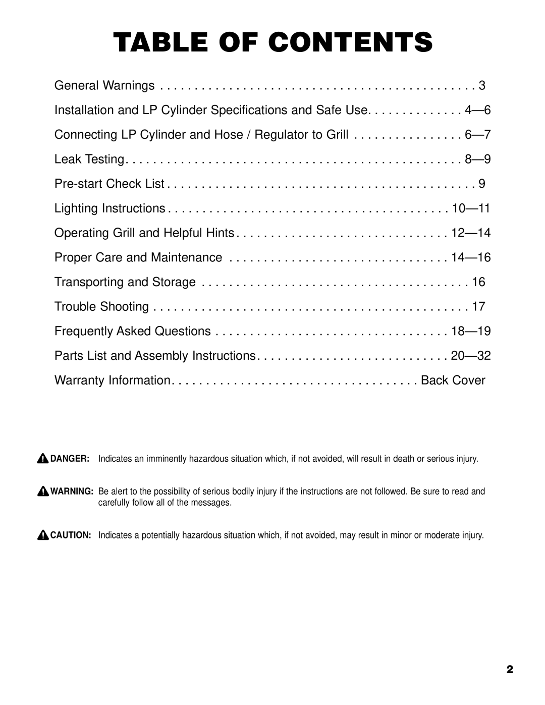 Brinkmann Gourmet Series owner manual Table of Contents 