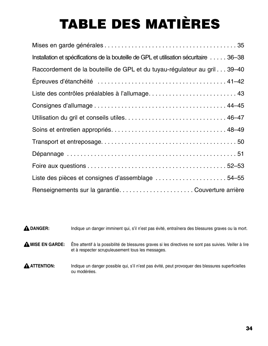 Brinkmann Gourmet Series owner manual Table DES Matières 