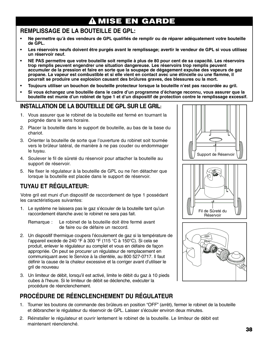 Brinkmann Gourmet Series owner manual Remplissage DE LA Bouteille DE GPL, Installation DE LA Bouteille DE GPL SUR LE Gril 