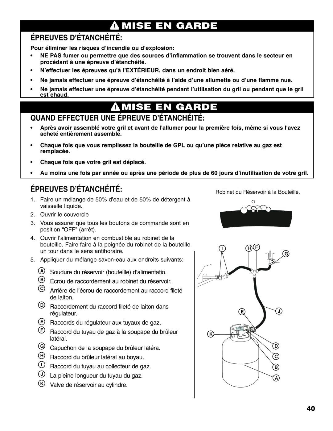 Brinkmann Gourmet Series owner manual Épreuves D’ÉTANCHÉITÉ, Quand Effectuer UNE Épreuve D’ÉTANCHÉITÉ 