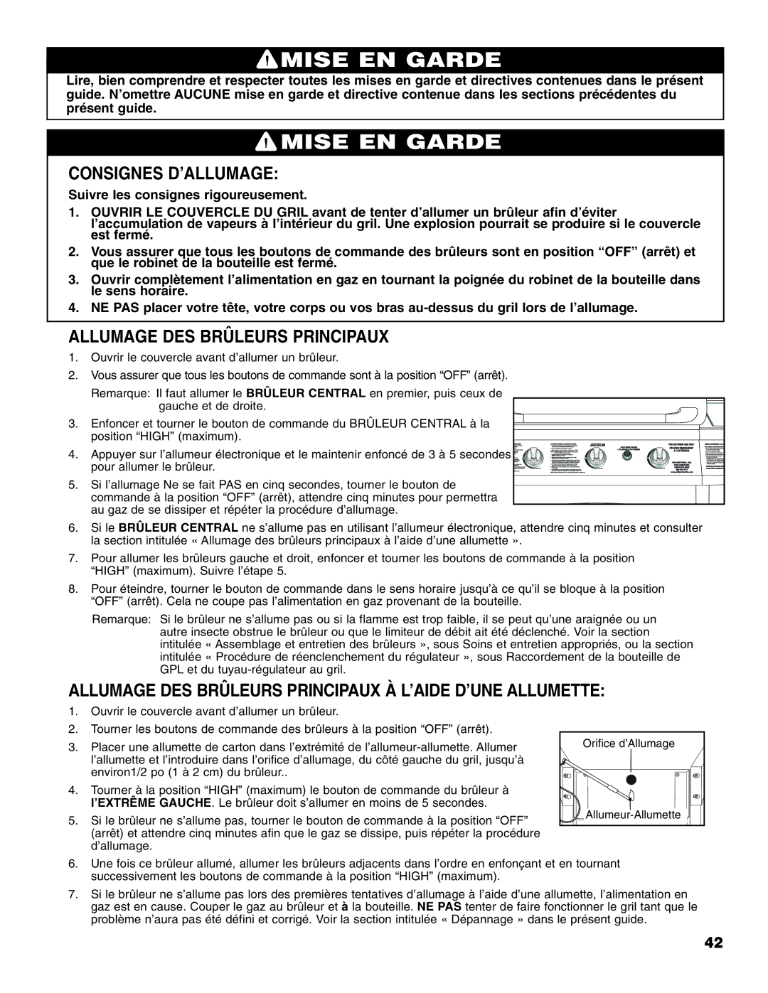 Brinkmann Gourmet Series owner manual Consignes D’ALLUMAGE, Allumage DES Brûleurs Principaux 