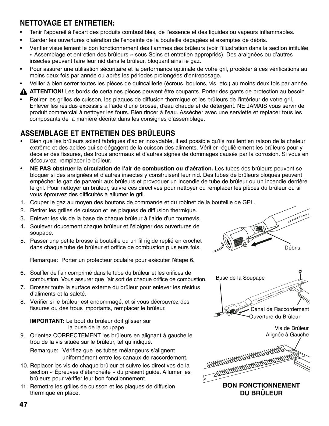 Brinkmann Gourmet Series owner manual Nettoyage ET Entretien, Assemblage ET Entretien DES Brûleurs 