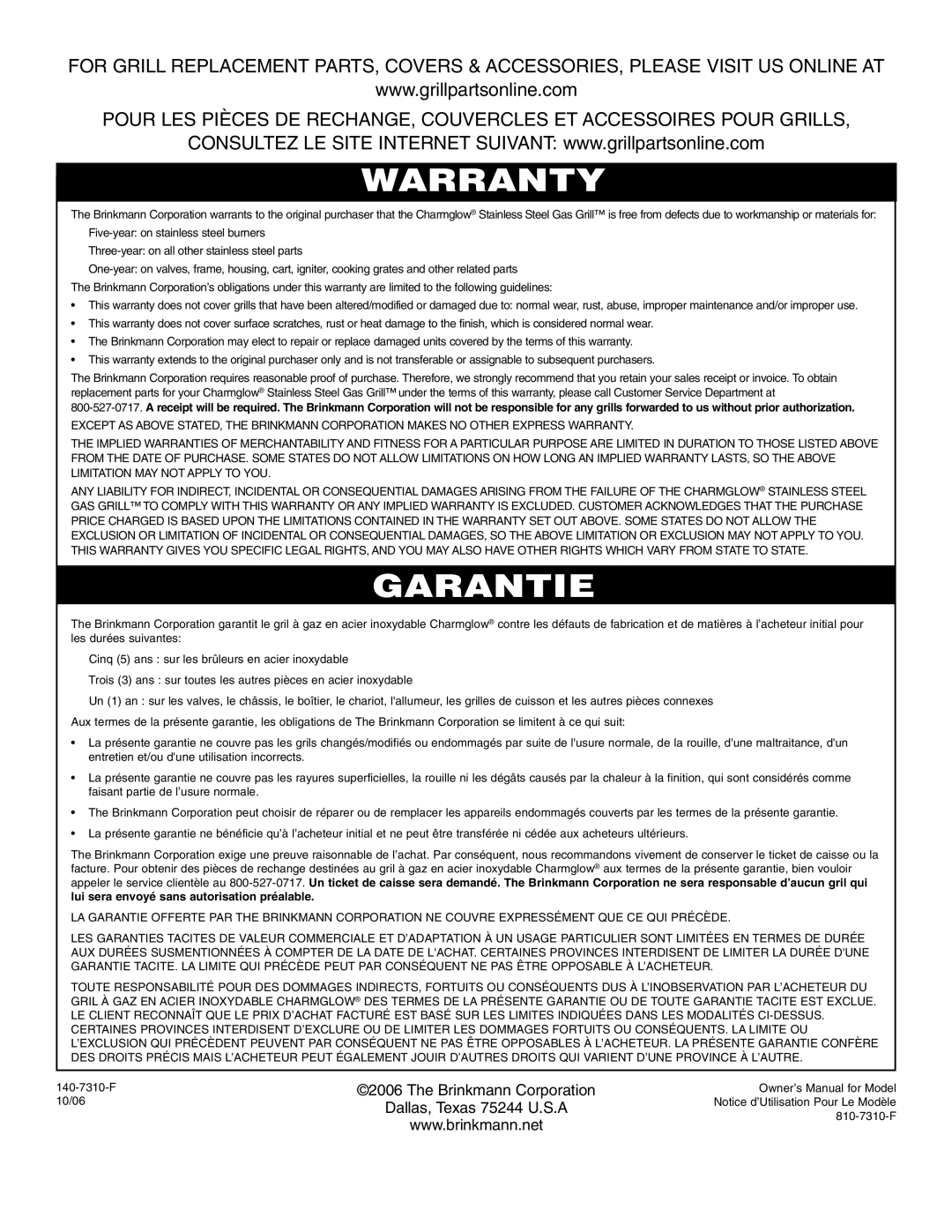 Brinkmann Gourmet Series owner manual Warranty 