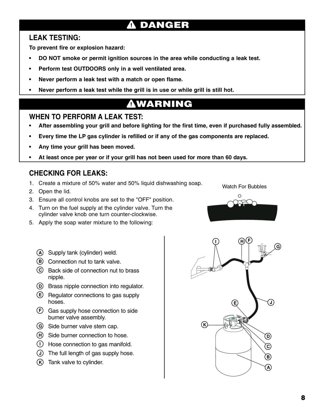 Brinkmann Gourmet Series owner manual Leak Testing, When to Perform a Leak Test, Checking for Leaks 