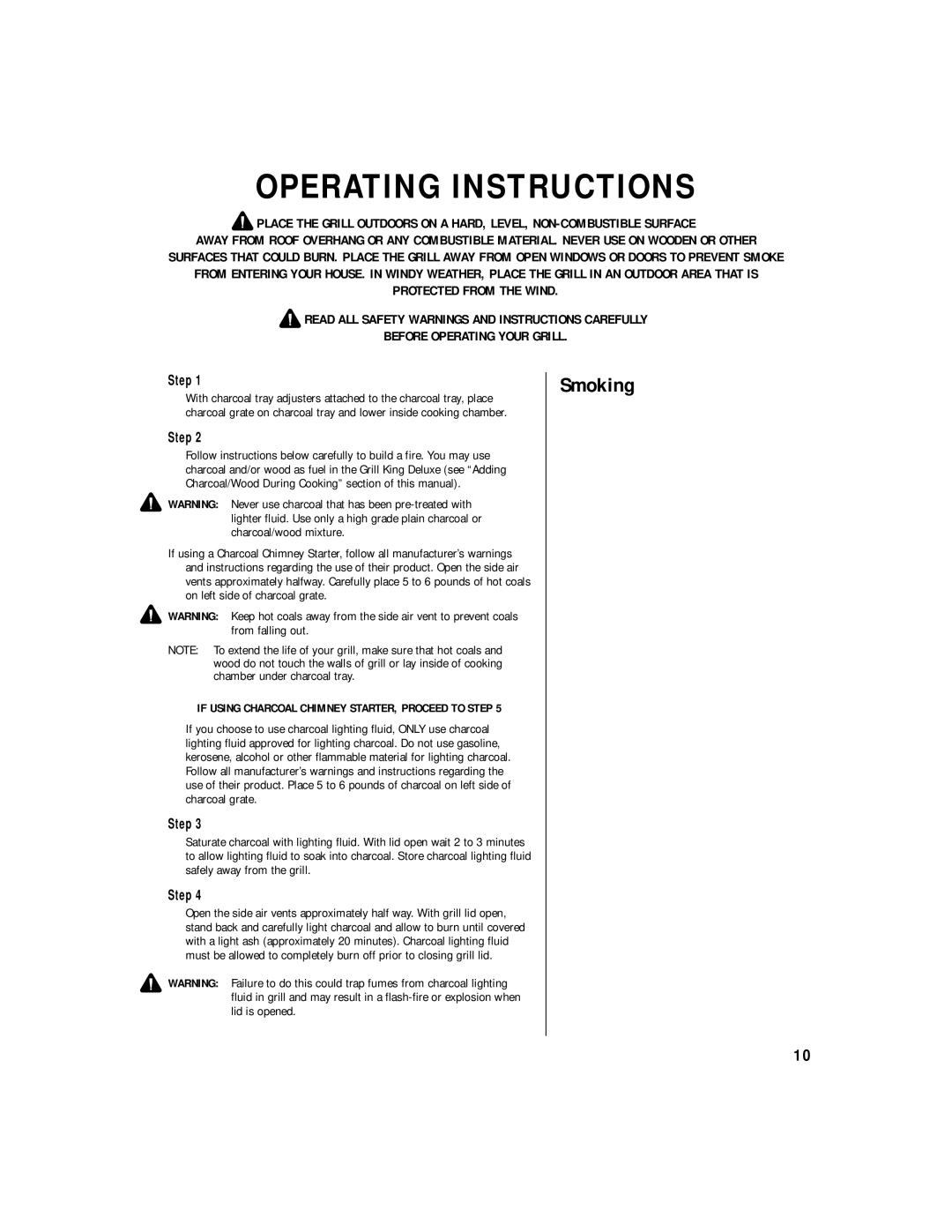 Brinkmann Grill King DeLuxe Heavy-Duty Outdoor Charcoal Grill & Smoker owner manual Operating Instructions 